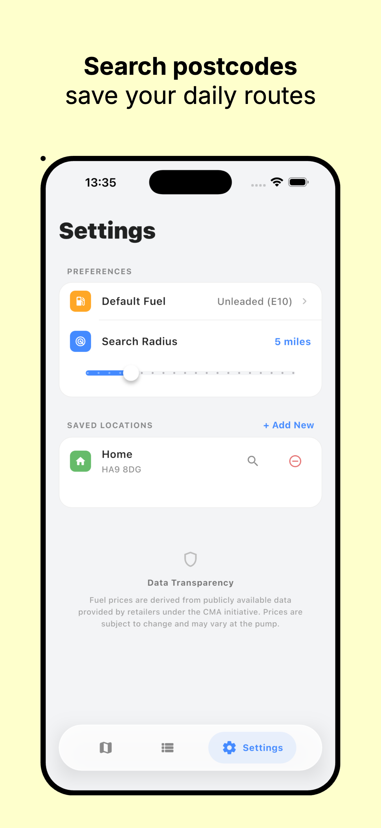 Settings and Saved Locations